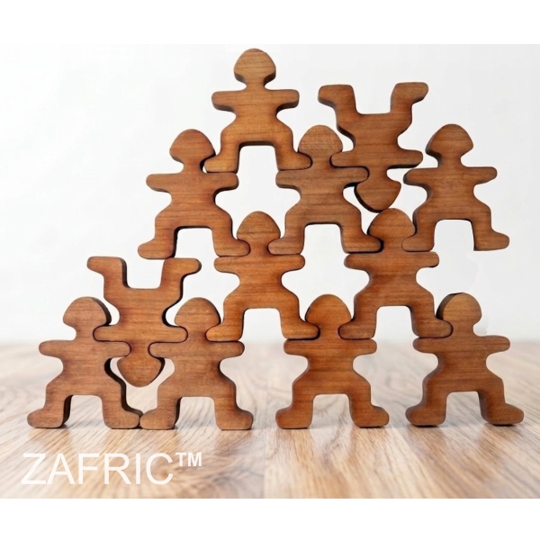 Wooden balancing game with 20 figures in wooden storage box on coffee table